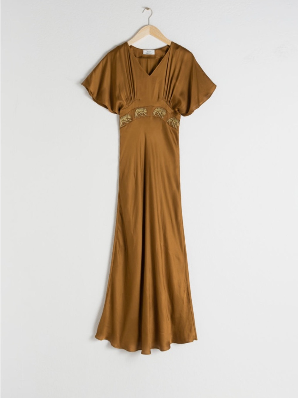 & Other Stories Bronze Satin Maxi Dress with Beaded Leopard Detail